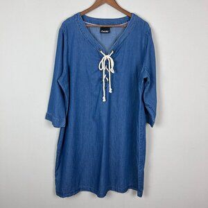 Nanette Lepore Dress Women 1X Blue Chambray Shift Rope Lace Up 3/4 Sleeve V-Neck